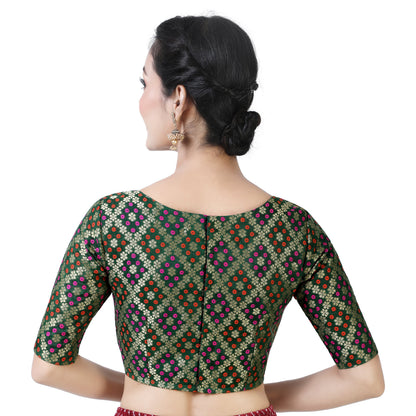 Women Bottle Green Brocade Saree Blouse by Shr