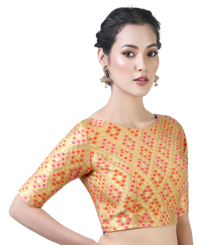 Women Gold Bandhni Brocade Saree Blouse by Shr