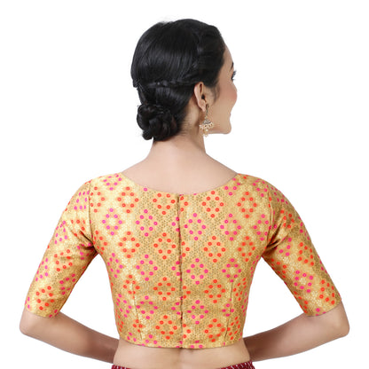 Women Gold Bandhni Brocade Saree Blouse by Shr