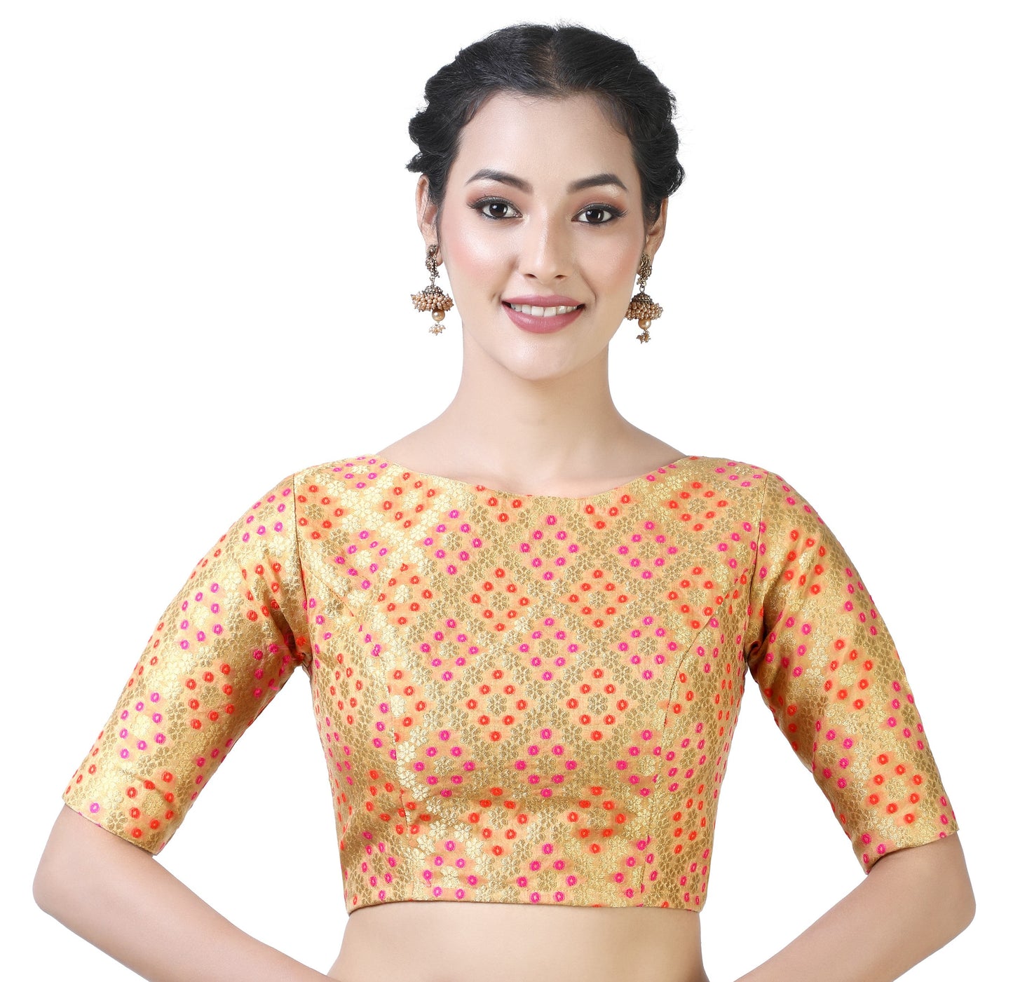 Women Gold Bandhni Brocade Saree Blouse by Shr
