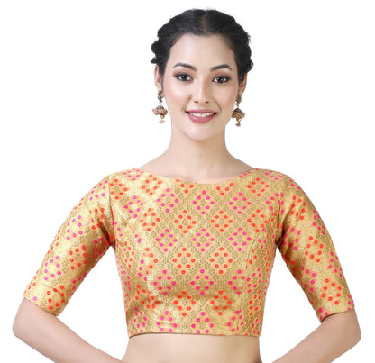 Women Gold Bandhni Brocade Saree Blouse by Shr