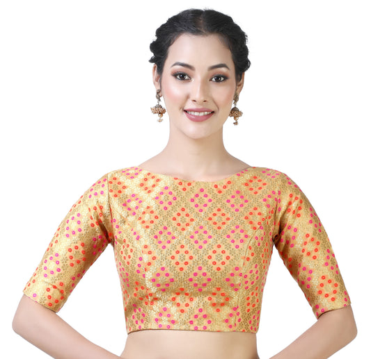 Women Gold Bandhni Brocade Saree Blouse by Shr