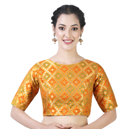 Women's Mustard Bandhni Brocade Blouse by Shringaa
