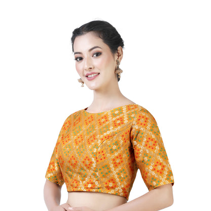 Women's Mustard Bandhni Brocade Blouse by Shringaa