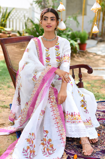 Women's White Embroidery Lease Work Anarkli Kurta With Trousers & Dupatta