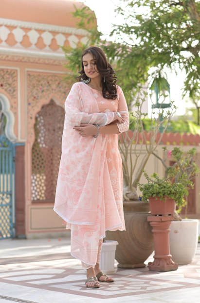 Women's Peach Embroidery Kurta With Trousers & Dupatta
