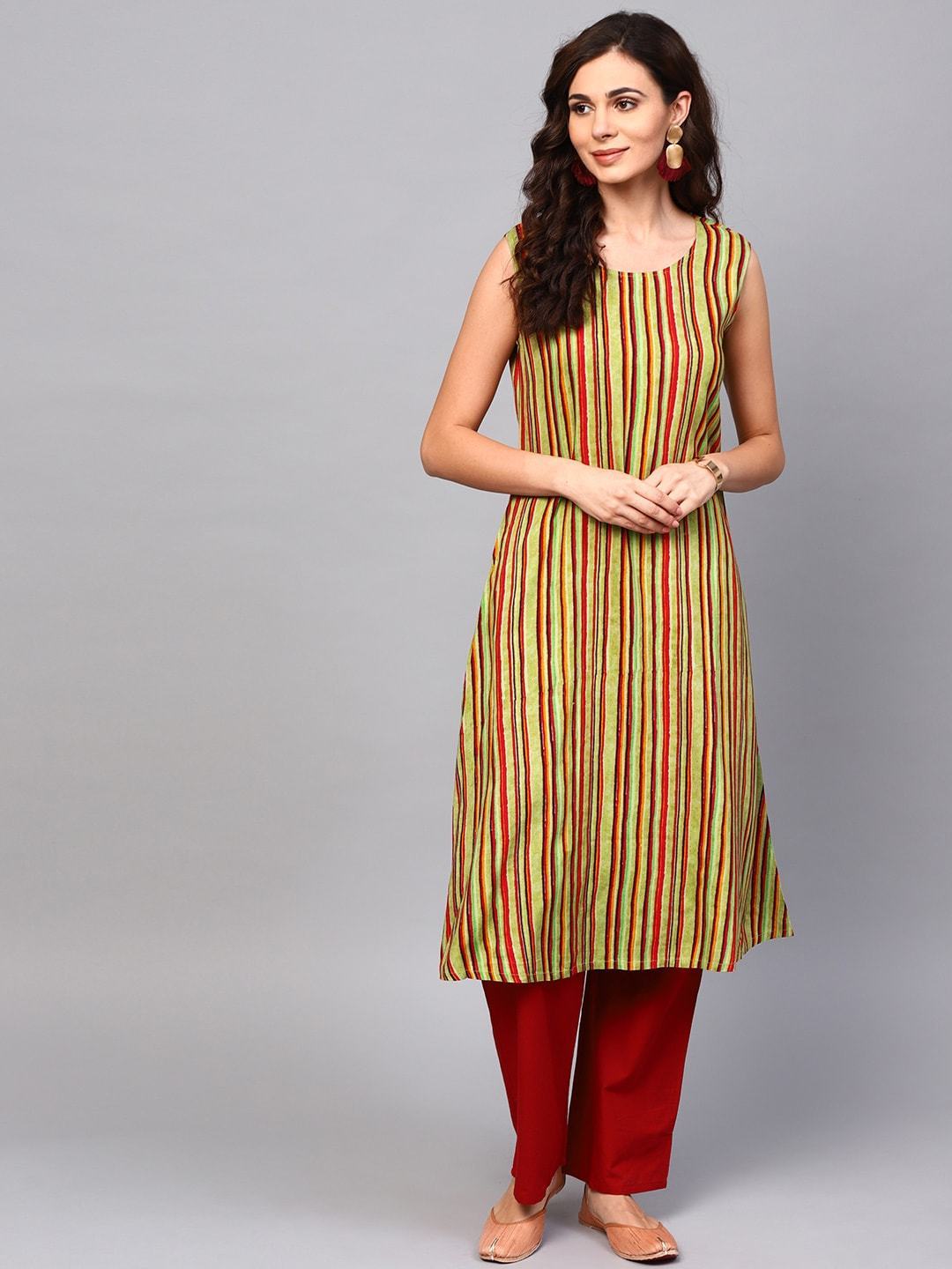 Women's  Green & Maroon Striped A-Line Kurta with Ethnic Jacket