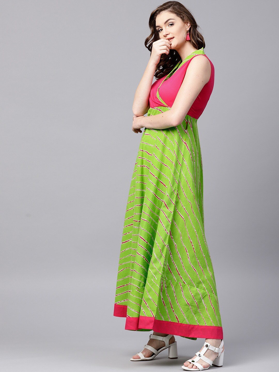 Women's  Green & Pink Striped Maxi Dress