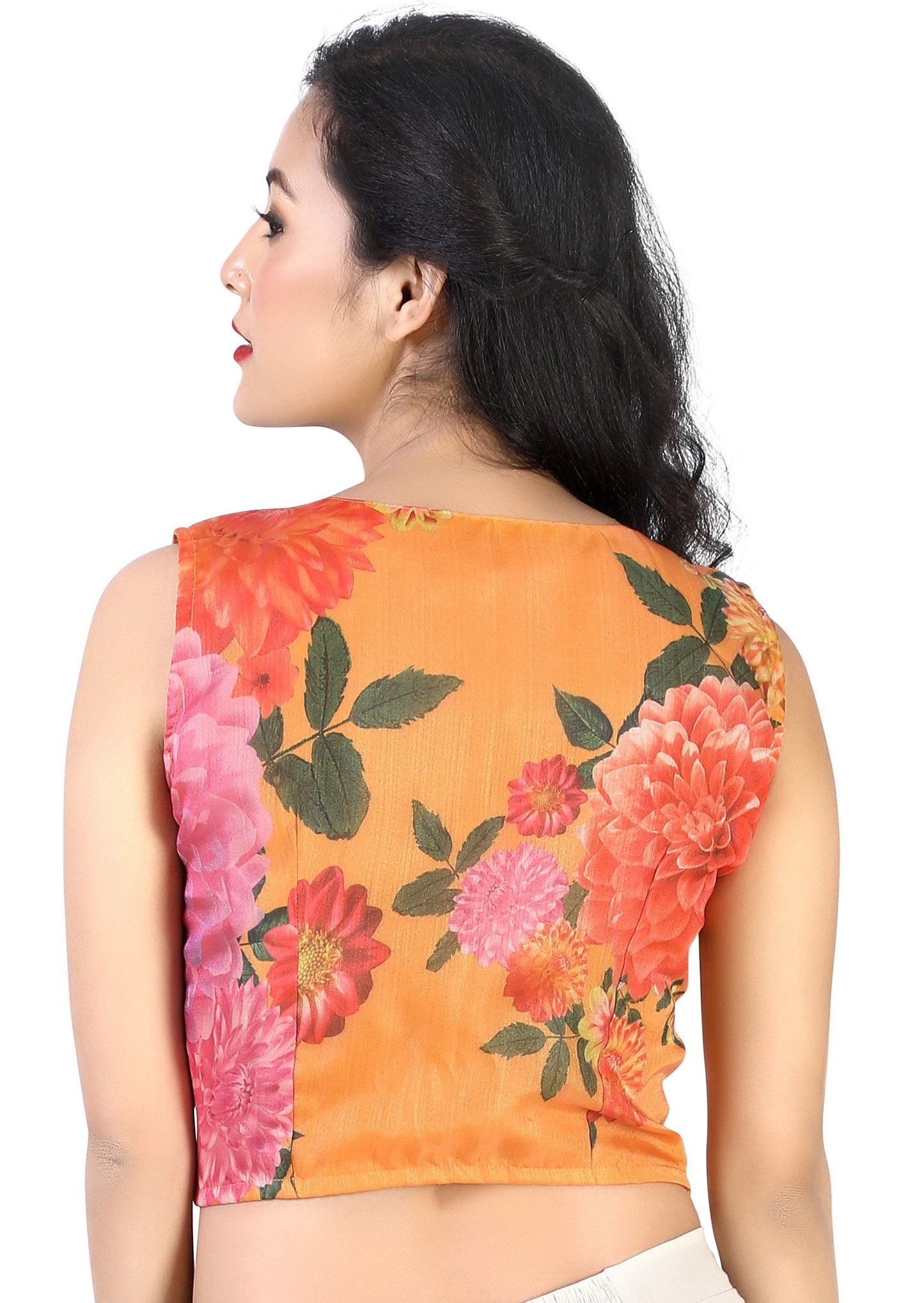 Women's Orange Organza Printed Crop Top Blouse.
