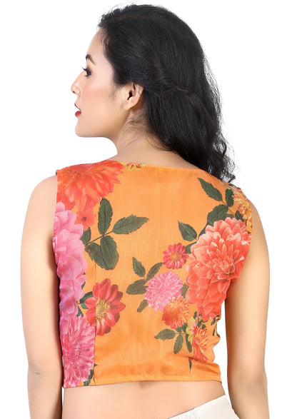 Women's Orange Organza Printed Crop Top Blouse.