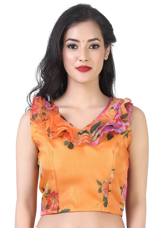 Women's Orange Organza Printed Crop Top Blouse.