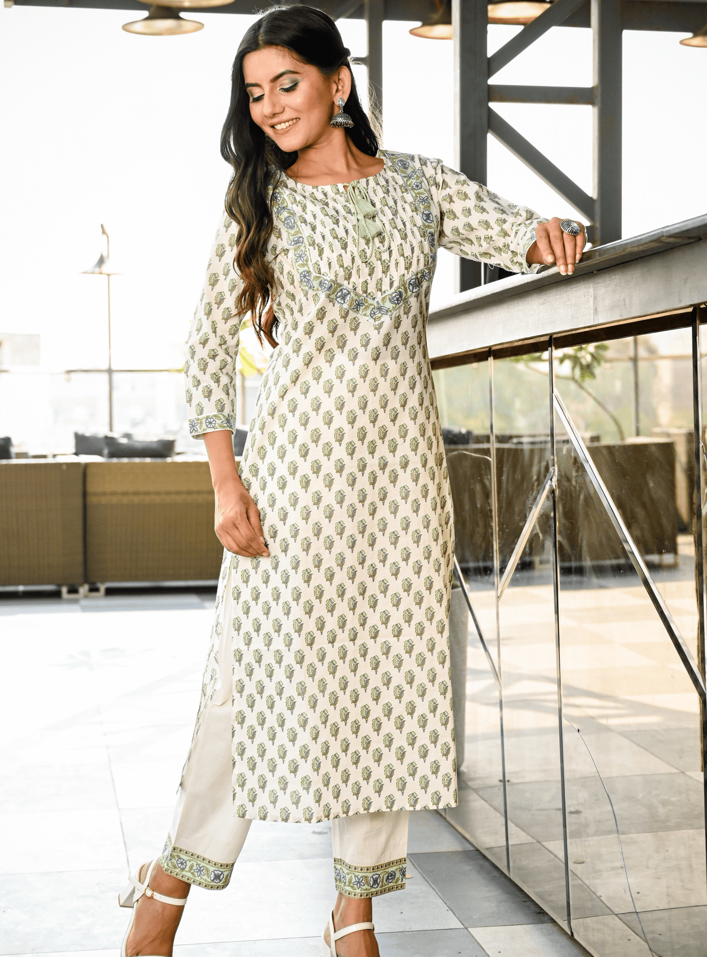 Women's White Handblock Kurta Set