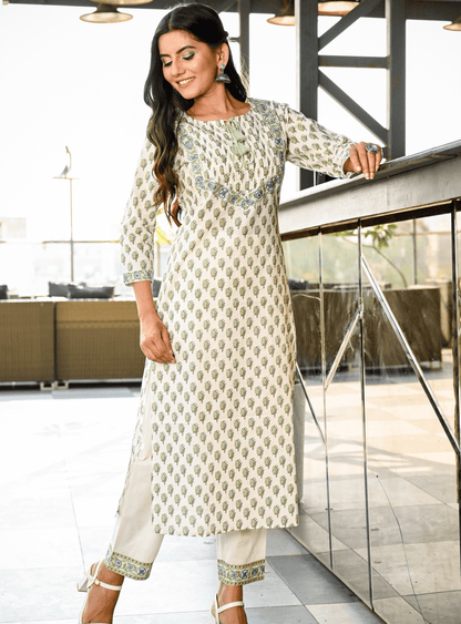 Women's White Handblock Kurta Set