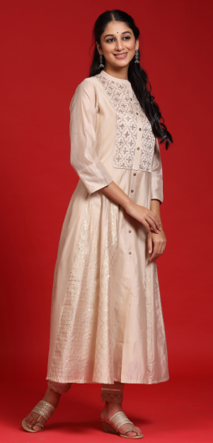 Women's Beige Chanderi Embellished Layered Anarkali Kurta
