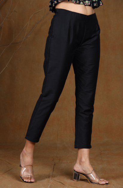 Women's Black Poly Silk Solid Straight Pants