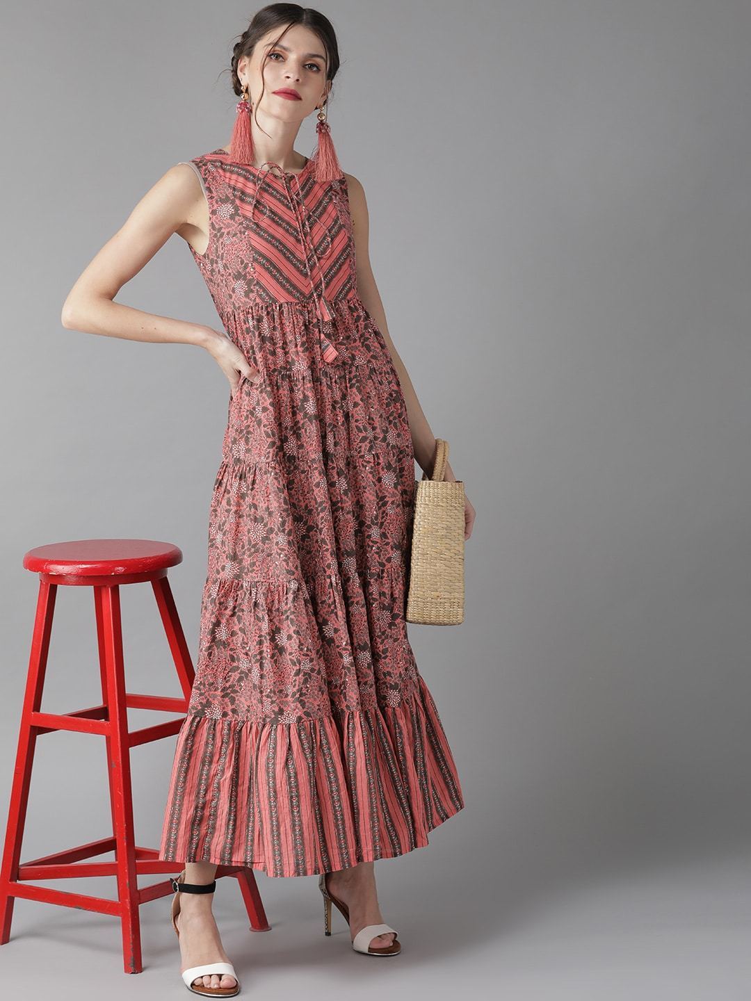 Women's  Pink & Charcoal Grey Printed Maxi Dress