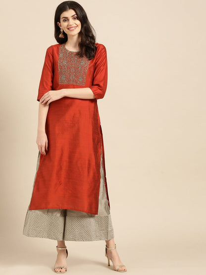 Women's Rust Red & Green Yoke Design Straight Kurta With Zari Detail