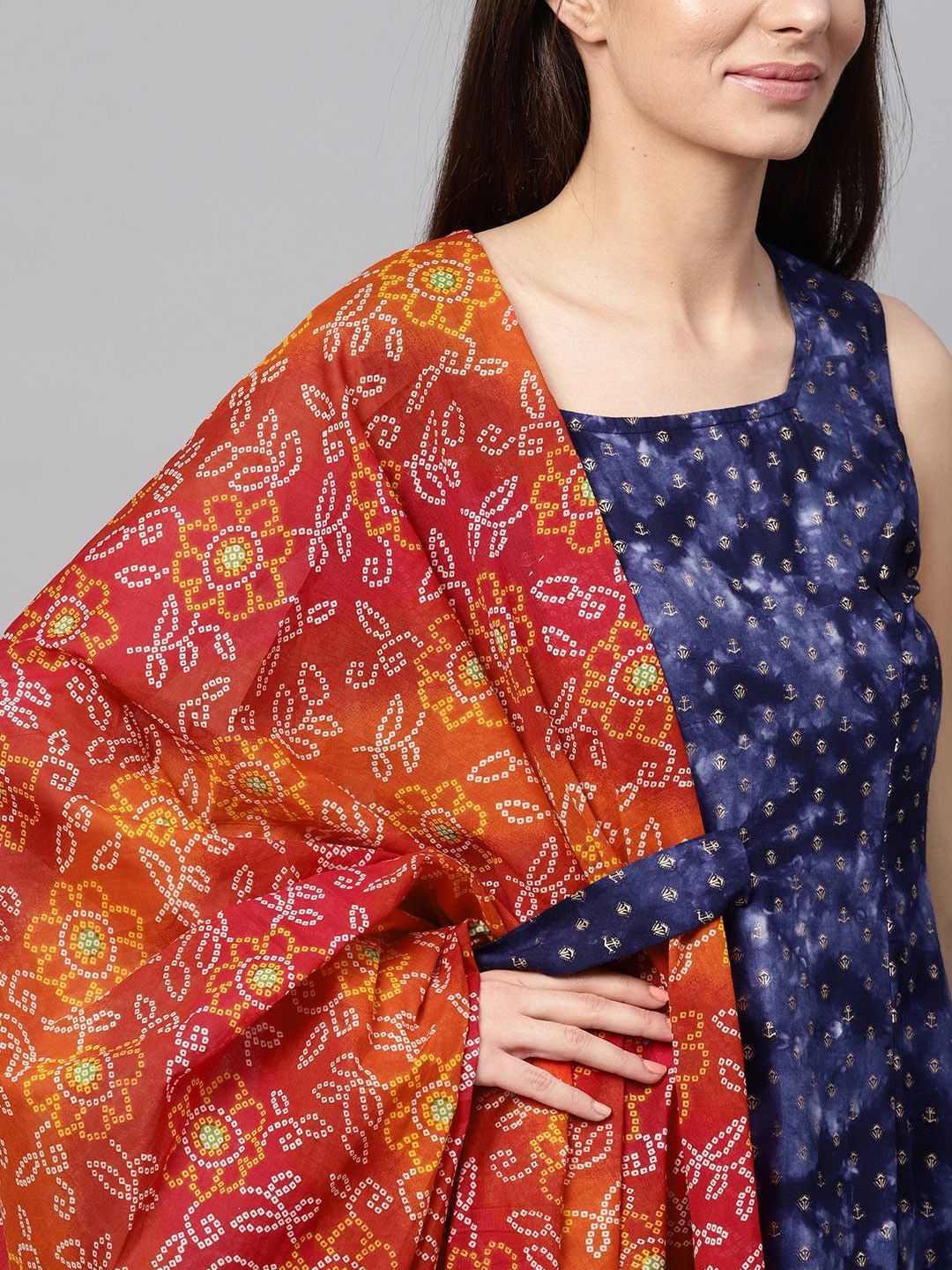Women's  Navy Blue & Golden Printed A-Line Dress with Dupatta