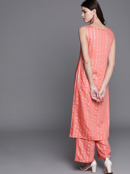 Women's  Peach-Coloured & Golden Striped Kurta with Palazzos
