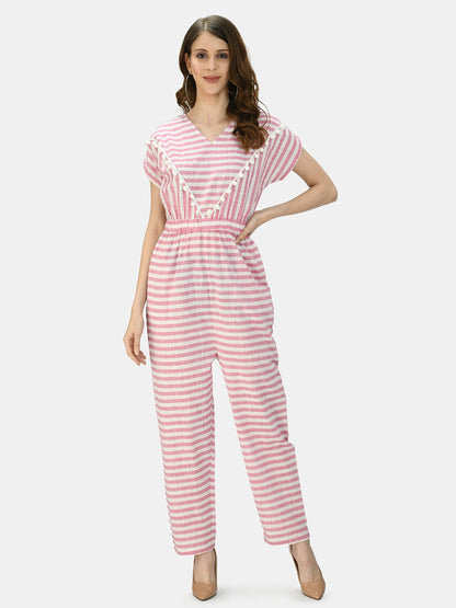 Women's Pink Cotton Printed Short Sleeve Round Neck Casual Jumpsuit
