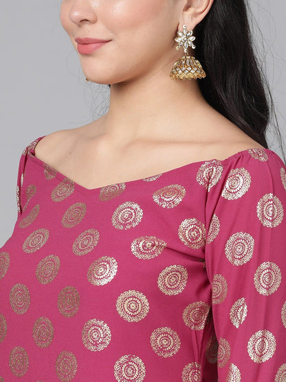Women's  Magenta & Gold Foil Print Off-Shoulder Straight Kurta