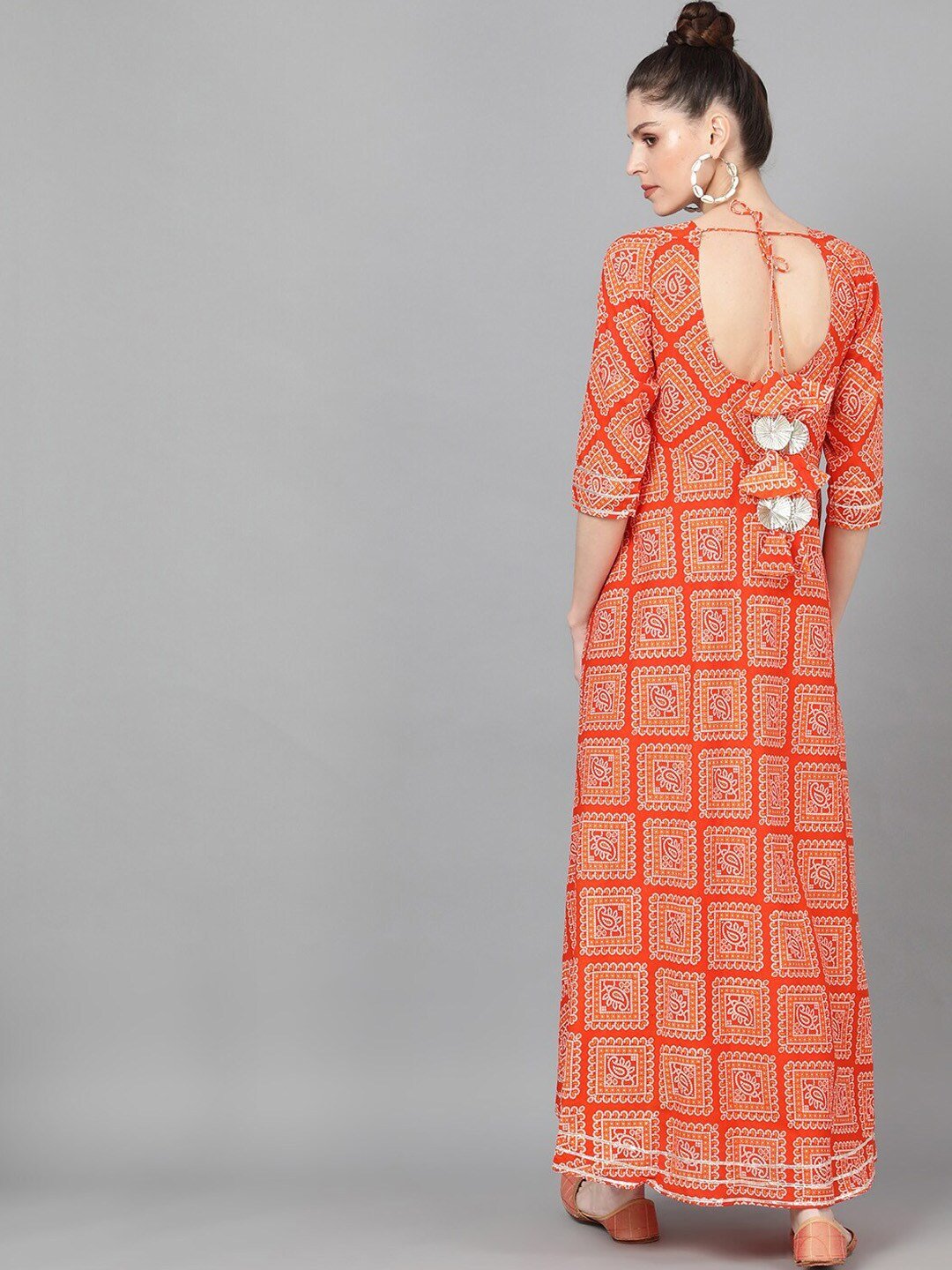 Women's  Orange  Bandhani Printed Maxi Dress