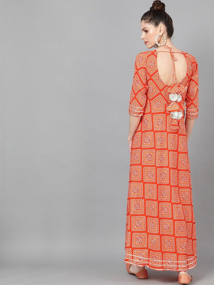 Women's  Orange  Bandhani Printed Maxi Dress