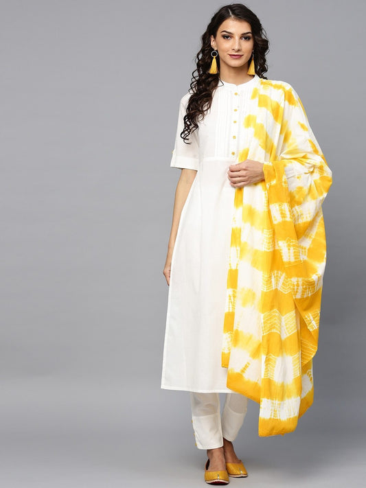 Women's  White & Yellow Solid Kurta with Trousers & Dupatta