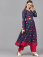 Women's  Navy Blue & Magenta Bandhani Printed Anarkali Kurta