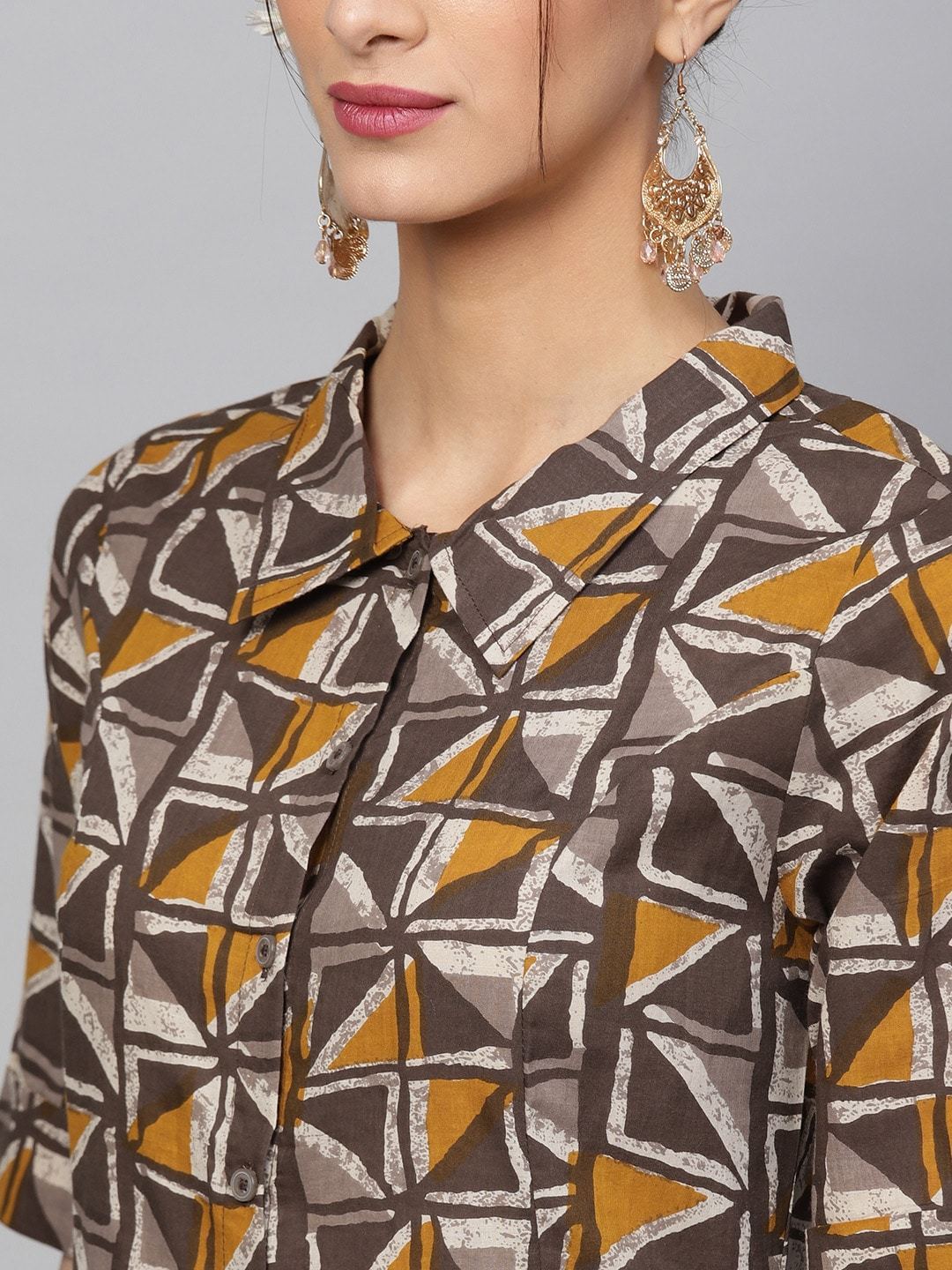 Women's  Taupe & Mustard Printed A-Line Kurta