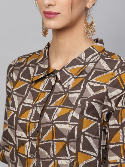 Women's  Taupe & Mustard Printed A-Line Kurta
