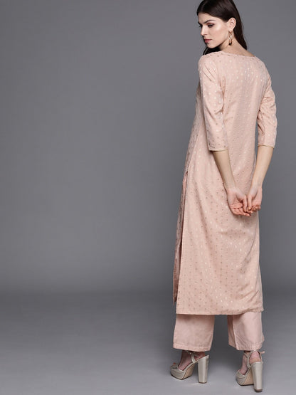 Women's  Pink & Golden Woven Design Kurta with Palazzos