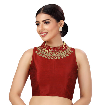 Women's Polyester Sleeveless Embroidered Saree Blouse with Brocade Collar.