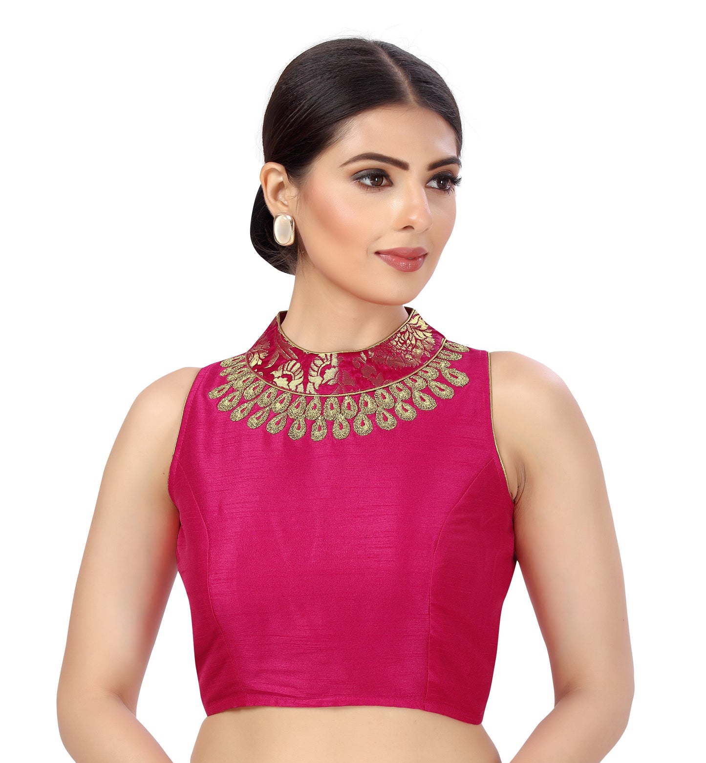 Women's Polyester Sleeveless Embroidered Saree Blouse with Brocade Collar.