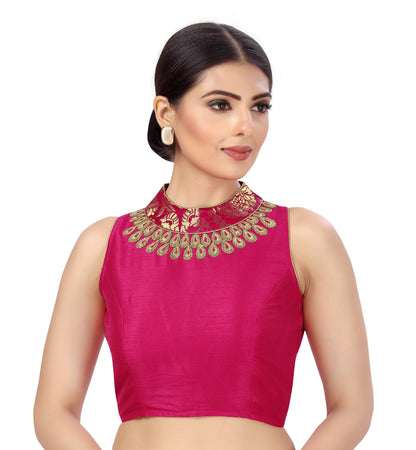 Women's Polyester Sleeveless Embroidered Saree Blouse with Brocade Collar.