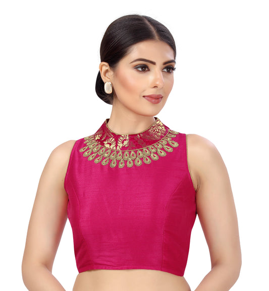 Women's Polyester Sleeveless Embroidered Saree Blouse with Brocade Collar.