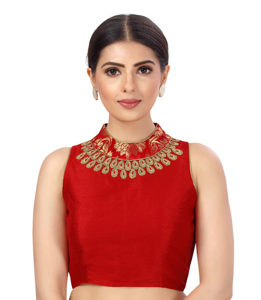 Women's Polyester Sleeveless Embroidered Saree Blouse with Brocade Collar.