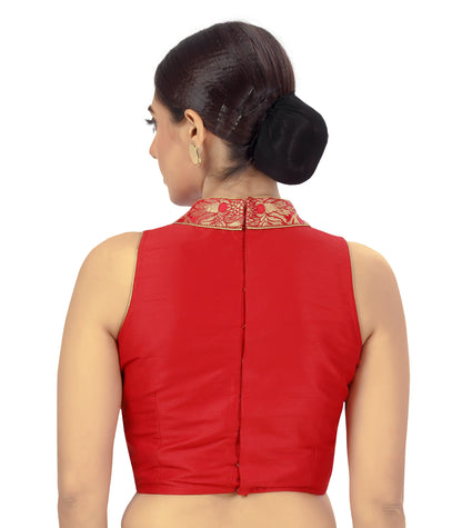 Women's Polyester Sleeveless Embroidered Saree Blouse with Brocade Collar.