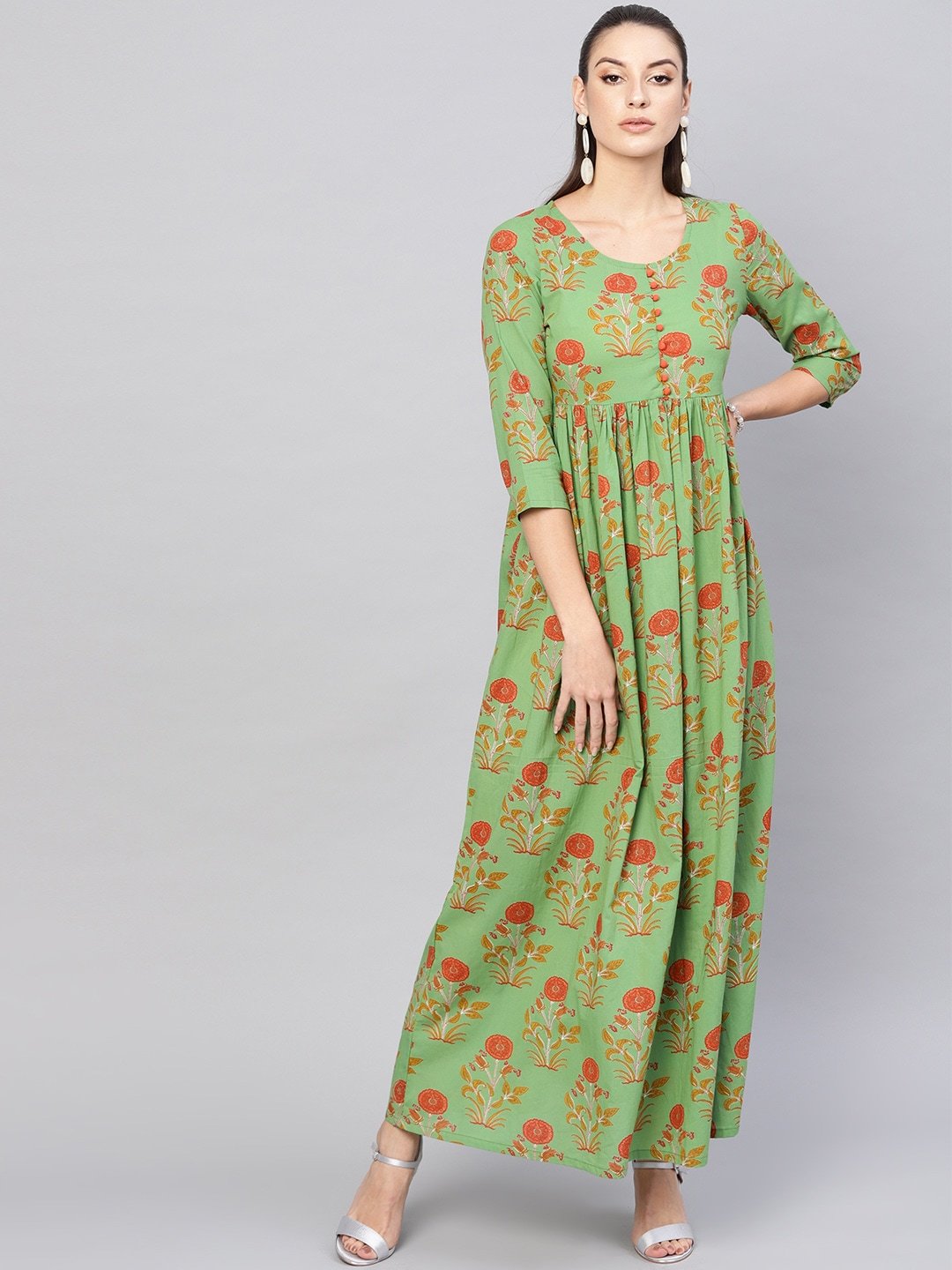 Women's  Green & Orange Floral Print Maxi Dress