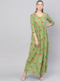 Women's  Green & Orange Floral Print Maxi Dress