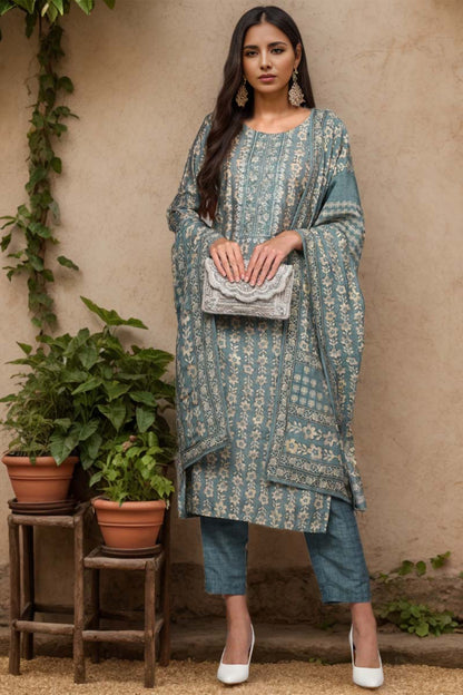 Women's Grey Silk Blend Printed Straight Suit Set