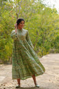 Pistagreen Cambric Mexican Print Tiered Dress With Mask