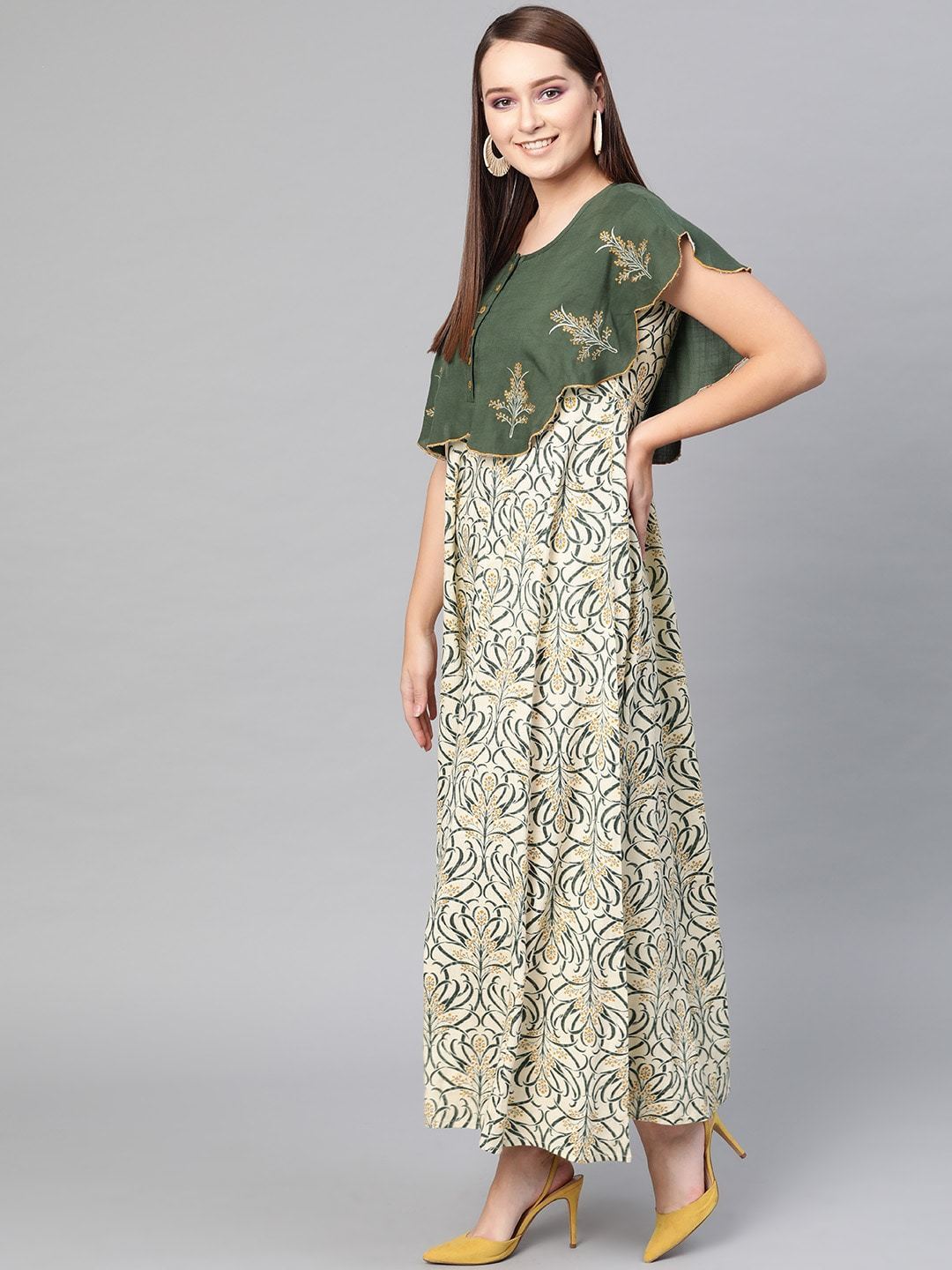 Women's  Cream-Coloured & Green Printed Layered Maxi Dress