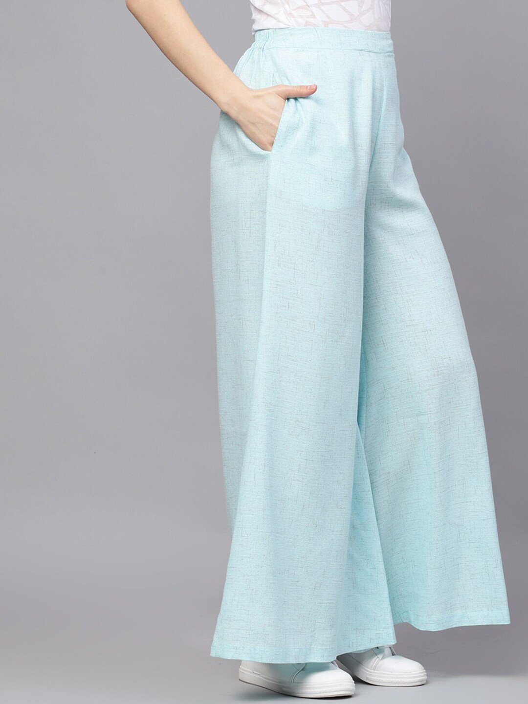 Women's  Blue Self Design Flared Palazzos