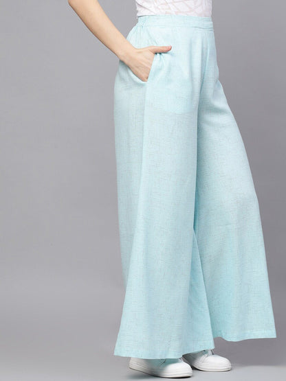 Women's  Blue Self Design Flared Palazzos