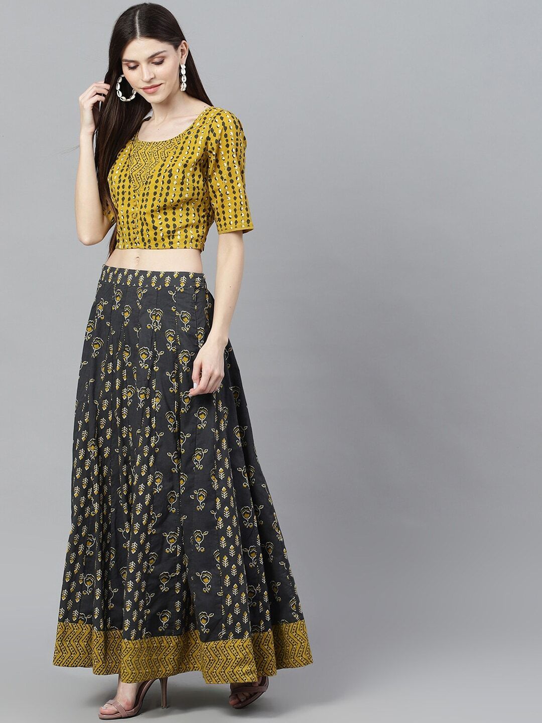 Women's Mustard & Grey Printed Lehenga Choli Se