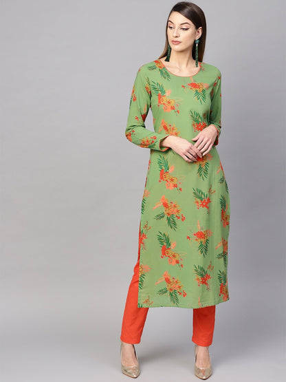 Women's  Green & Orange Floral Print Straight Kurta