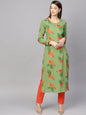 Women's  Green & Orange Floral Print Straight Kurta
