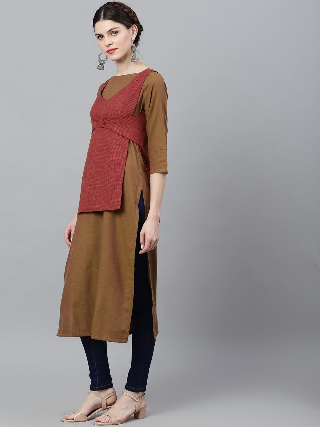 Women's  Olive Green & Maroon Solid A-Line Kurta