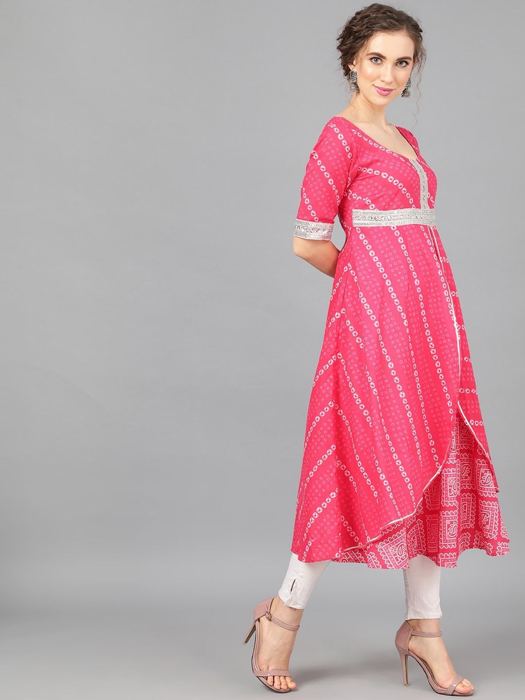 Women's  Pink & White Printed Anarkali Kurta